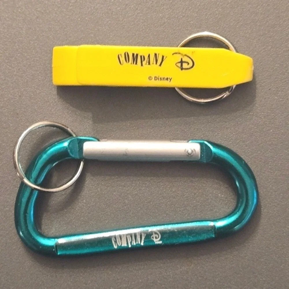 Vintage The Disney Company Teal Carabiner & Yellow Bottle Opener Keychain Lot
